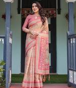 Printed handloom cotton saree for women with floral design and tassels