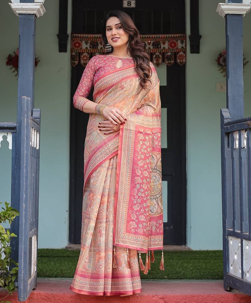Printed handloom cotton saree for women with floral design and tassels
