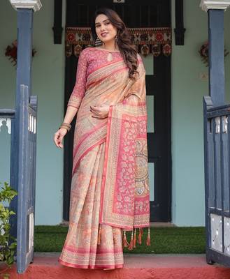 Printed handloom cotton saree for women with floral design and tassels 2