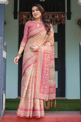 Printed handloom cotton saree for women with floral design and tassels