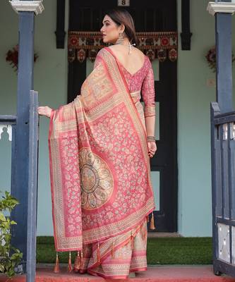 Printed handloom cotton saree for women with floral design and tassels 3