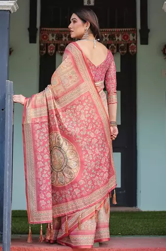 Printed handloom cotton saree for women with floral design and tassels