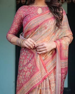 Printed handloom cotton saree for women with floral design and tassels 4