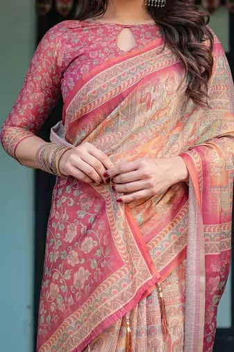 Printed handloom cotton saree for women with floral design and tassels