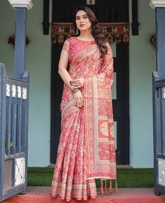 Everyday elegance handloom cotton floral saree with blouse piece     5.5m 1