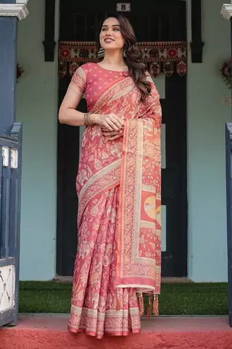 Everyday elegance handloom cotton floral saree with blouse piece     5.5m