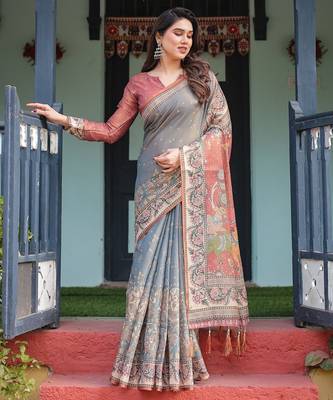 Soft handloom cotton saree with multicolor floral print and tassel edges 1