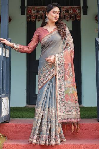 Soft handloom cotton saree with multicolor floral print and tassel edges
