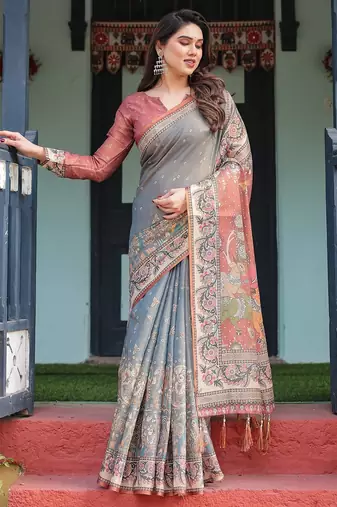 Soft handloom cotton saree with multicolor floral print and tassel edges
