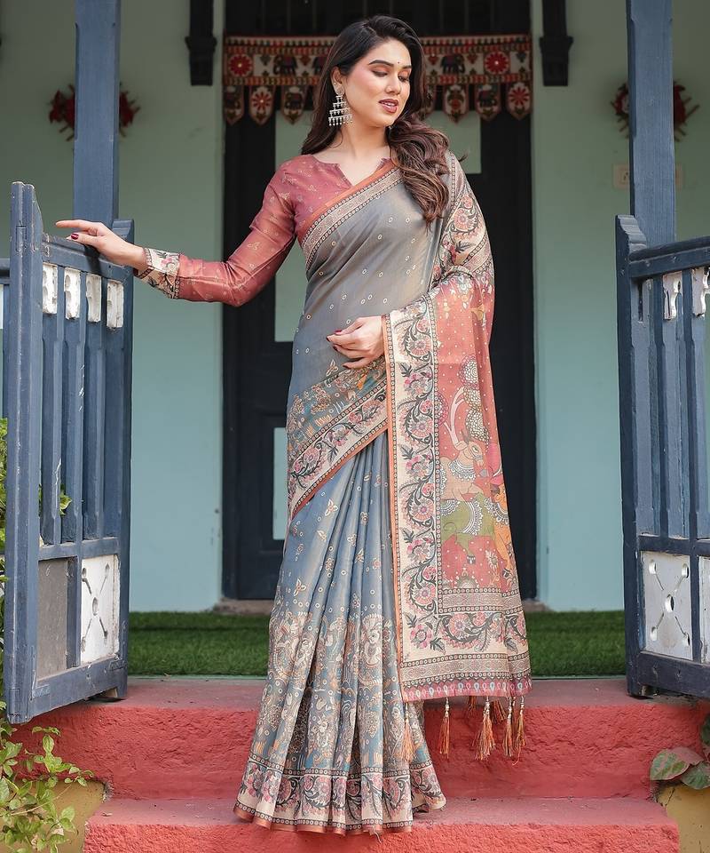 Soft handloom cotton saree with multicolor floral print and tassel edges
