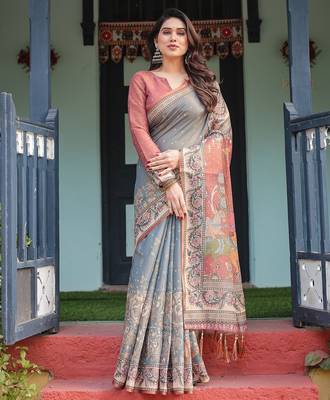 Soft handloom cotton saree with multicolor floral print and tassel edges 2