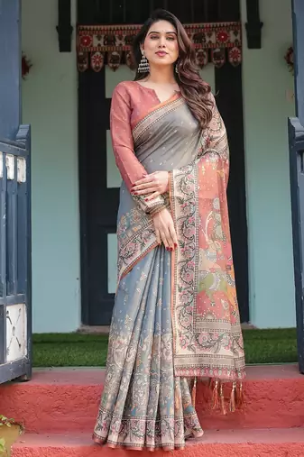 Soft handloom cotton saree with multicolor floral print and tassel edges