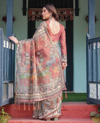 Soft handloom cotton saree with multicolor floral print and tassel edges 3