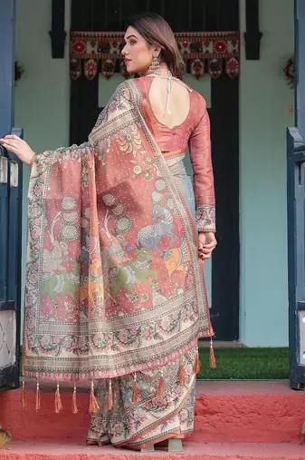 Soft handloom cotton saree with multicolor floral print and tassel edges