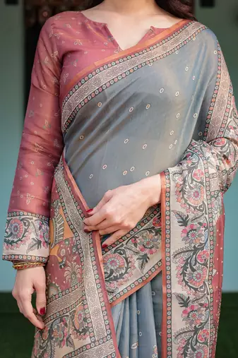 Soft handloom cotton saree with multicolor floral print and tassel edges