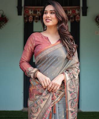 Soft handloom cotton saree with multicolor floral print and tassel edges 5