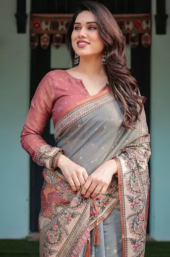 Soft handloom cotton saree with multicolor floral print and tassel edges