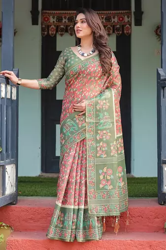 Stylish cotton handloom saree with floral digital print and tassels – 5.5m + 0.8m