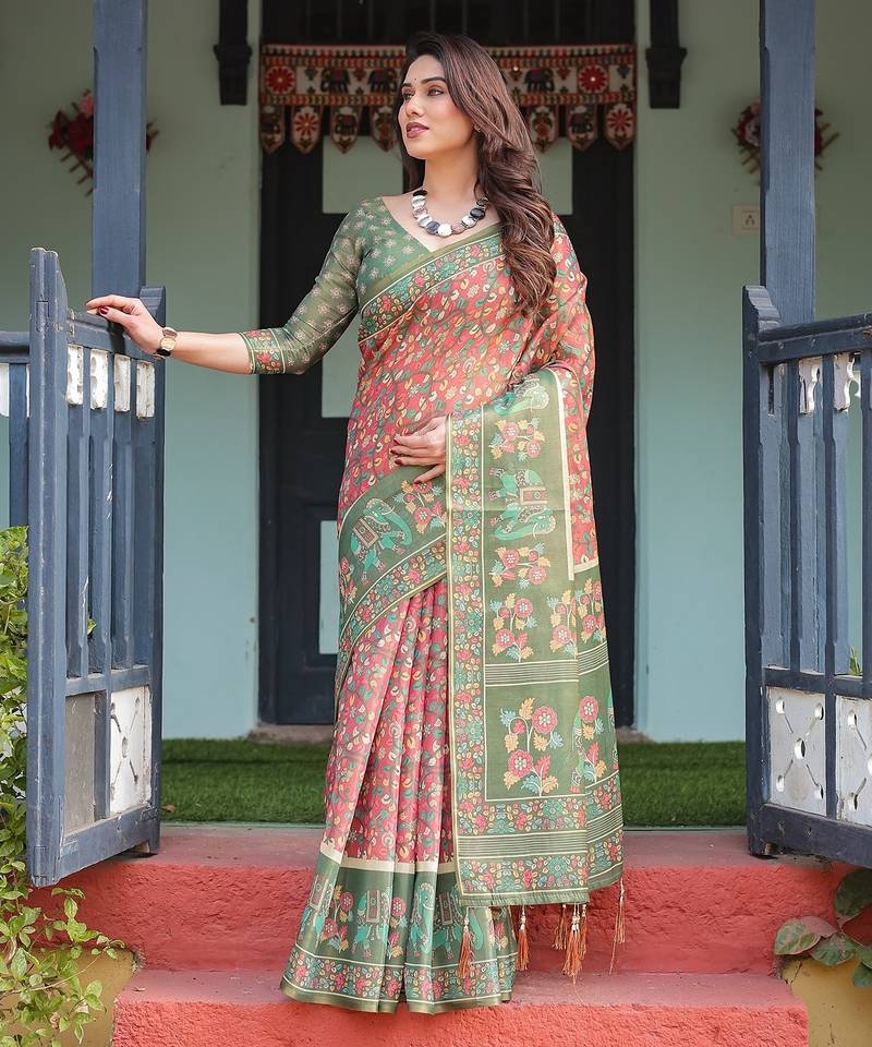 Stylish cotton handloom saree with floral digital print and tassels     5.5m + 0.8m