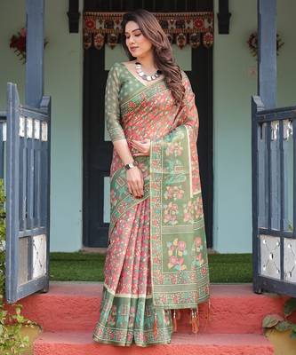 Stylish cotton handloom saree with floral digital print and tassels     5.5m + 0.8m 2