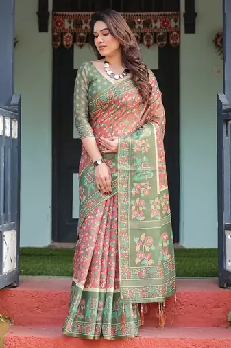 Stylish cotton handloom saree with floral digital print and tassels     5.5m + 0.8m