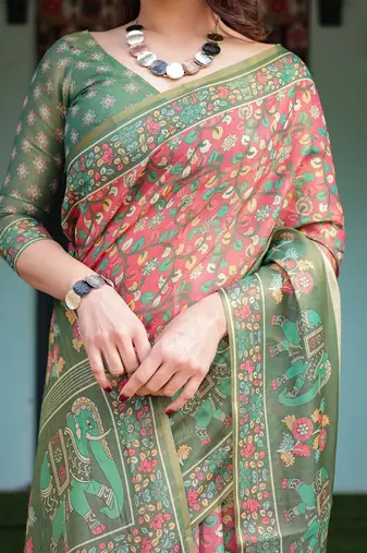 Stylish cotton handloom saree with floral digital print and tassels     5.5m + 0.8m