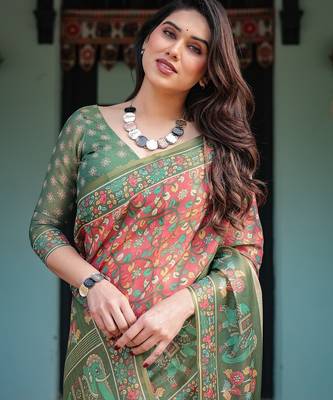 Stylish cotton handloom saree with floral digital print and tassels     5.5m + 0.8m 5