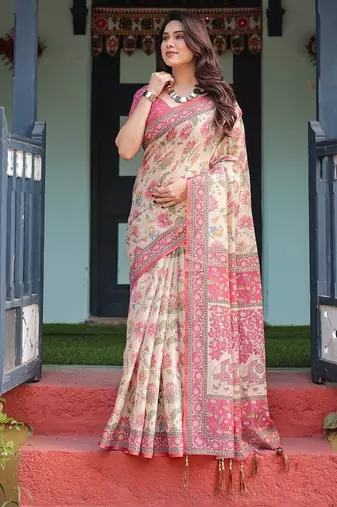 Festive ready handloom cotton saree with floral artwork & matching blouse