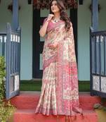 Festive ready handloom cotton saree with floral artwork & matching blouse
