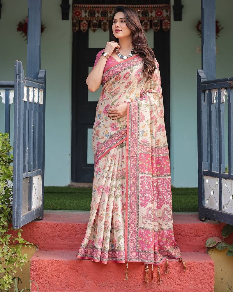 Festive ready handloom cotton saree with floral artwork & matching blouse