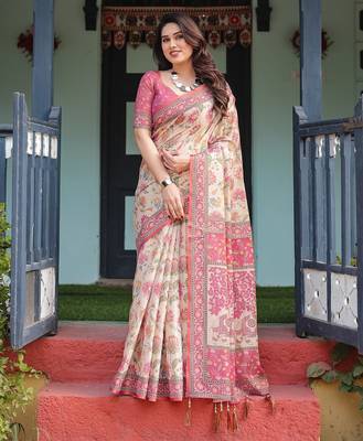 Festive ready handloom cotton saree with floral artwork & matching blouse 2