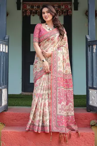 Festive ready handloom cotton saree with floral artwork & matching blouse