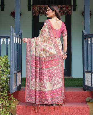 Festive ready handloom cotton saree with floral artwork & matching blouse 3