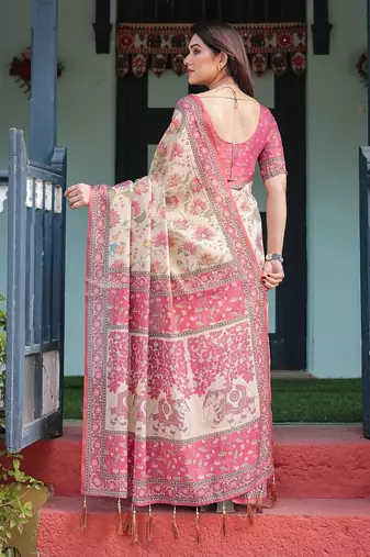 Festive ready handloom cotton saree with floral artwork & matching blouse