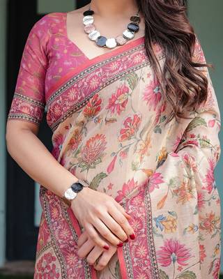 Festive ready handloom cotton saree with floral artwork & matching blouse 4