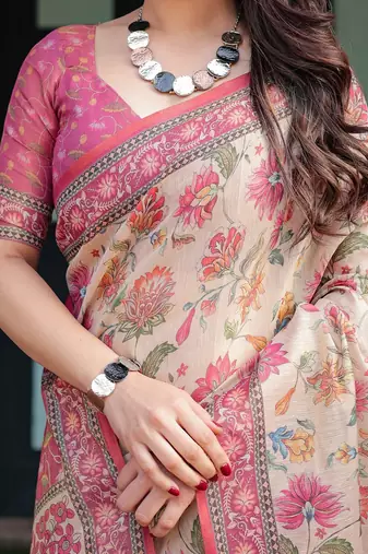 Festive ready handloom cotton saree with floral artwork & matching blouse