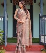 Handloom cotton floral printed saree with tassels & attached blouse     5.5m