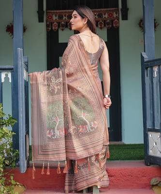 Handloom cotton floral printed saree with tassels & attached blouse     5.5m 2