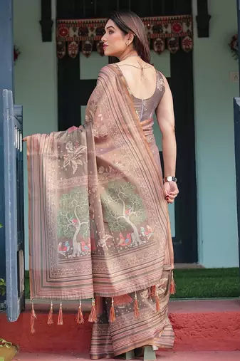 Handloom cotton floral printed saree with tassels & attached blouse     5.5m