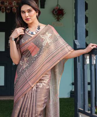Handloom cotton floral printed saree with tassels & attached blouse     5.5m 5