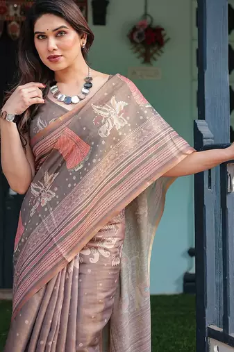 Handloom cotton floral printed saree with tassels & attached blouse     5.5m