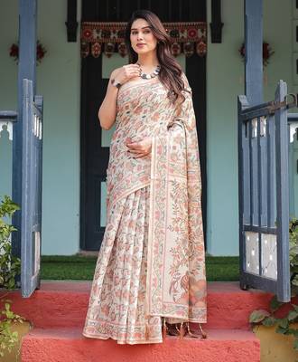 Elegant handloom cotton saree with floral print & tassel edges     5.5m + 0.8m blouse 1