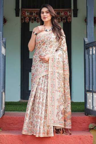 Elegant handloom cotton saree with floral print & tassel edges     5.5m + 0.8m blouse