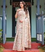 Elegant handloom cotton saree with floral print & tassel edges     5.5m + 0.8m blouse