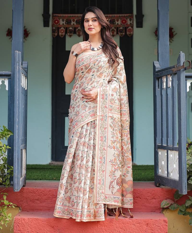 Elegant handloom cotton saree with floral print & tassel edges     5.5m + 0.8m blouse