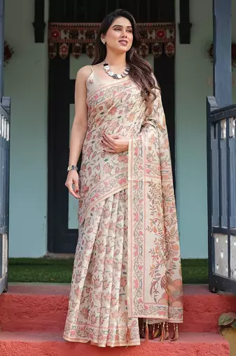 Elegant handloom cotton saree with floral print & tassel edges     5.5m + 0.8m blouse
