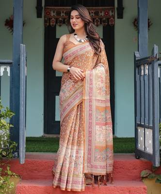 Pure cotton handloom saree with floral print and designer tassels 1