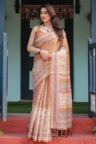 Pure cotton handloom saree with floral print and designer tassels
