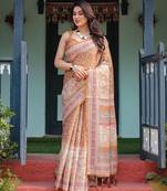 Pure cotton handloom saree with floral print and designer tassels