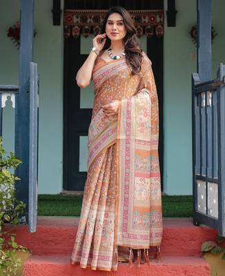 Pure cotton handloom saree with floral print and designer tassels 2